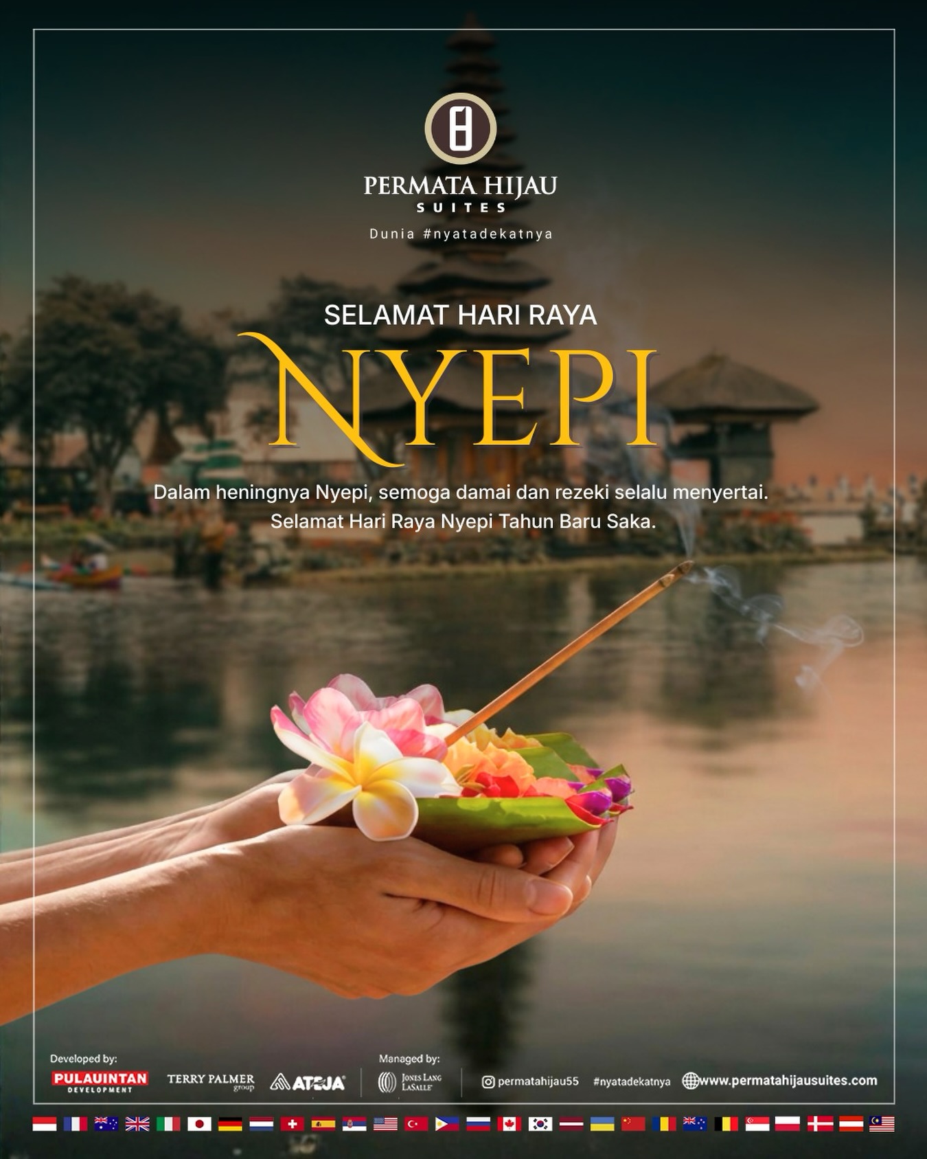 Selamat Hari Raya Nyepi 2026

Manajemen Permata Hijau Suites mengucapkan Selamat Hari Raya Nyepi, Tahun Baru Saka 1948. 
Semoga dalam keheningan Nyepi, kita dapat menemukan kedamaian, memperbarui semangat, dan meraih keharmonisan dalam kehidupan. 

Mari bersama-sama menjalani tahun baru dengan hati yang bersih dan pikiran yang jernih.

Cc: @joewono.w @ivonne_suwandi 

#harirayanyepi #permatahijausuites