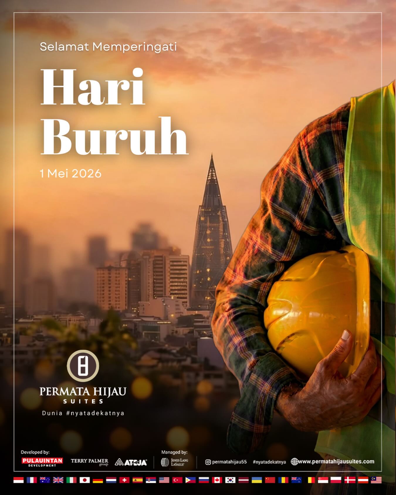 ✨ Selamat Memperingati Hari Buruh 1 Mei 2026 ✨

Terima kasih untuk setiap kerja keras, dedikasi, dan semangat para pekerja yang terus menjadi penggerak kemajuan.

Setiap usaha adalah langkah menuju masa depan yang lebih baik.

Selamat Hari Buruh.
Terus berkarya, bertumbuh, dan menginspirasi.

#HariBuruh2026 #MayDay #PermataHijauSuites #NyataDekatnya
