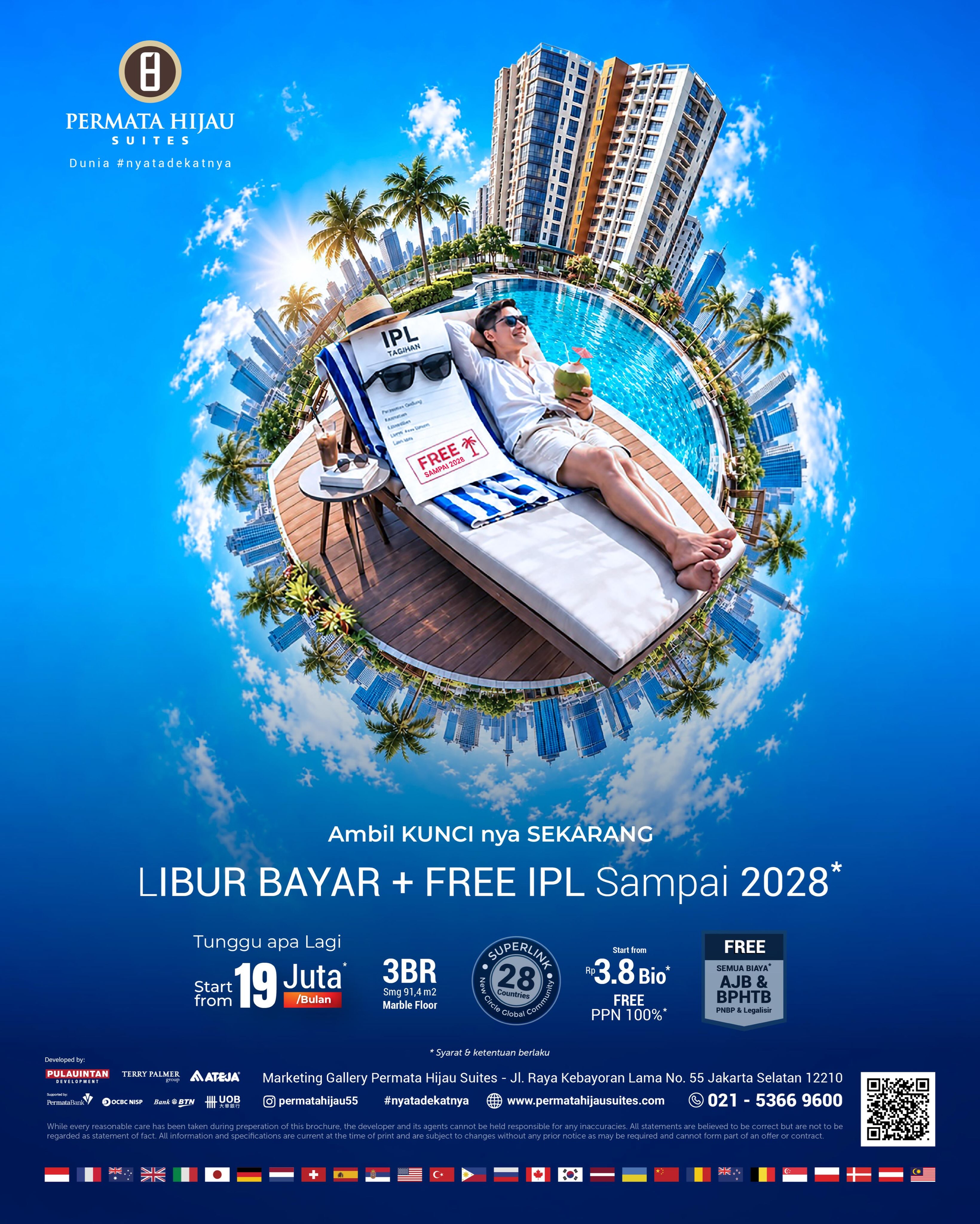 Nikmati pengalaman tinggal dengan 45 fasilitas super berstandar hotel bintang lima di Permata Hijau Suites, untuk berolahraga, bersantai, dan menikmati waktu bersama keluarga.

Ambil kuncinya sekarang, nikmati LIBUR BAYAR + FREE IPL sampai 2028!*

Hunian 3BR seluas 91,4 m² dengan Marble Floor, mulai Rp3,8 miliar dan pilihan pembayaran mulai Rp19 juta/bulan.*

Jadwalkan kunjungan Anda melalui DM @permatahijau55.

Permata Hijau Suites — Dunia #nyatadekatnya.

#PermataHijauSuites #ApartemenJakartaSelatan #FreeIPL #HunianPremium